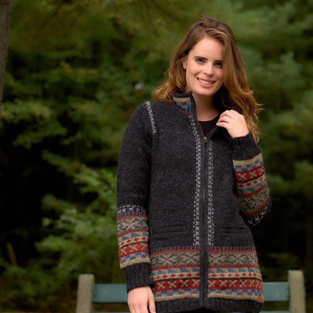 Laundromat Kirstin Sweater Full Zip Handmade Fair Isle Wool Black‎ Womens Large